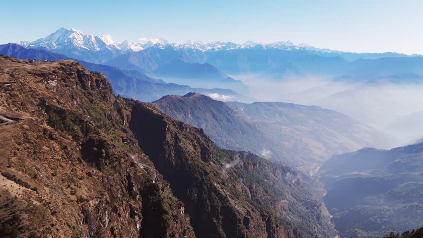 Aerial view from Kalinchowk in Nepal shows Himalayan peaks including Annapurna Manaslu Ganesh Himal Langtang Dorjee Lakpa Gauri Shanker and other mountains