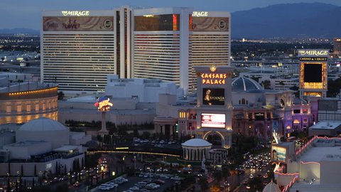 LAS VEGAS, USA - APRIL 5, 2013 Aerial View by dusk, The Famous Las Vegas Strip, Boulevard, Caesars Palace Casino Hotel, Treasure Island, Mirage, Flamingo