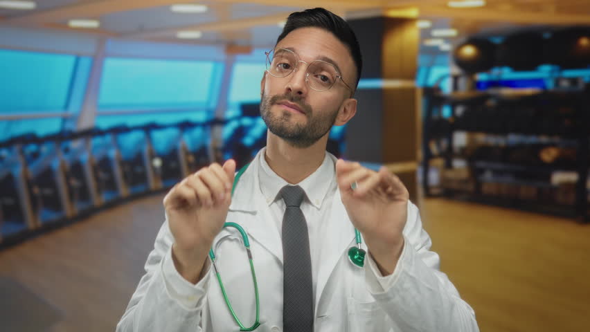 Young hispanic male doctor in white coat with stethoscope in a gym setting, gesturing calmly, blending wellness and healthcare in a dynamic indoor environment.