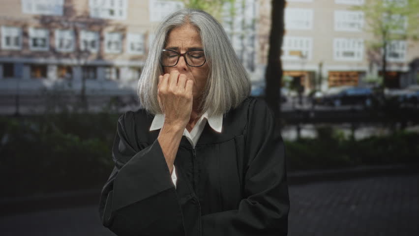 Woman judge biting nails with hand to mouth on street in amsterdam; anxiety thinking doubt pondering.