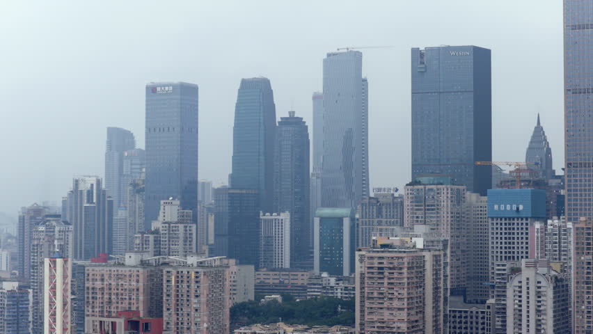 Modern Metropolis Skyline Of Chongqing Downtown In China. Aerial Shot