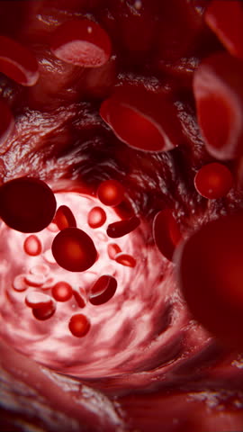 Vertical realistic 3D medical animation showing red blood cells flowing through a human artery, illustrating blood circulation.