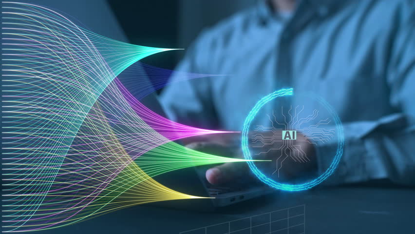 Futuristic concept of an AI-powered document management system (DMS). A businessman is working on a laptop with a virtual holographic interface displaying an artificial intelligence brain,