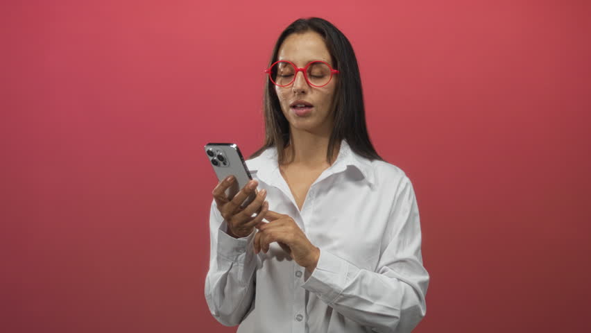 Young hispanic woman wearing red round glasses holding smartphone and placing finger to lips for silence in pink studio; secrecy.