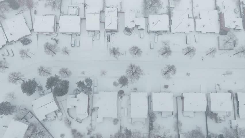 Snow-covered neighborhood in Mississauga, Ontario from above