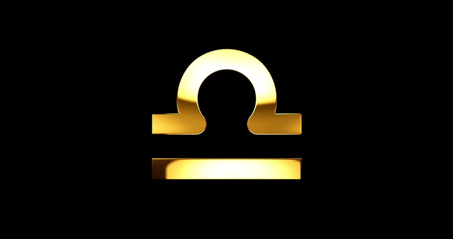 Libra gold zodiac sign with glare and glittering falling particles, Libra symbol with specular highlight reflection, loop footage