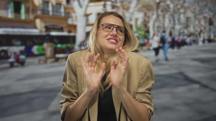 Woman with blonde hair smiling and gesturing on a busy city street with blurred people and buses in the background, capturing an outdoor urban scene.