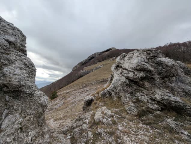 Mountain landscape with large rock formations in the foreground, grassy slope and wooded ridge in the background under a cloudy sky