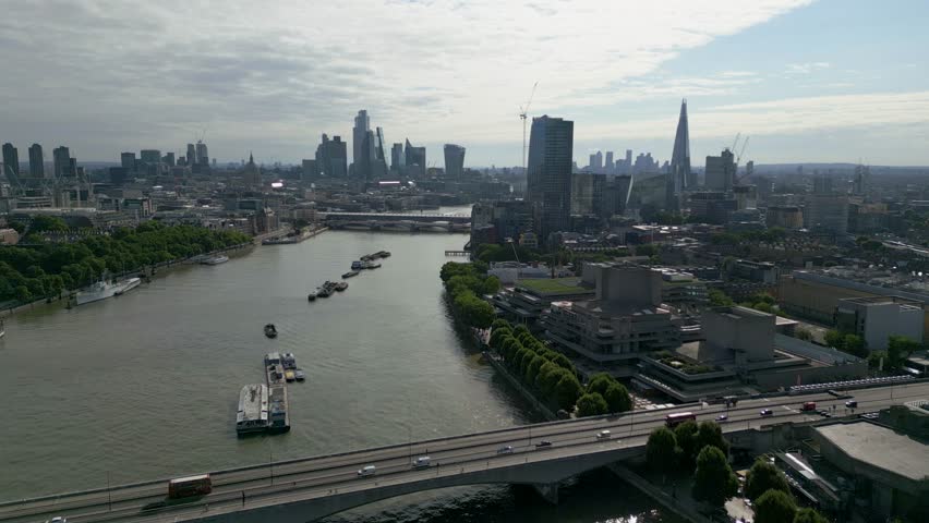 Aerial View of London over the River Thames and City Buildings