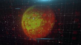 HUD fading in, initiating scan while fiery orange sphere rotating and camera pulling back left. Orb, glowing, amber, sunlike, crosshair, gridlines, overlay - Powered by Shutterstock - Get 15% off with code: PIKWIZARD15