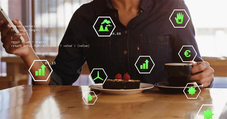 Woman placing coffee down and focusing smartphone viewing AR eco icons and charts monitoring carbon. Cafe, daylight, window, augmented, reality, overlay, sustainable