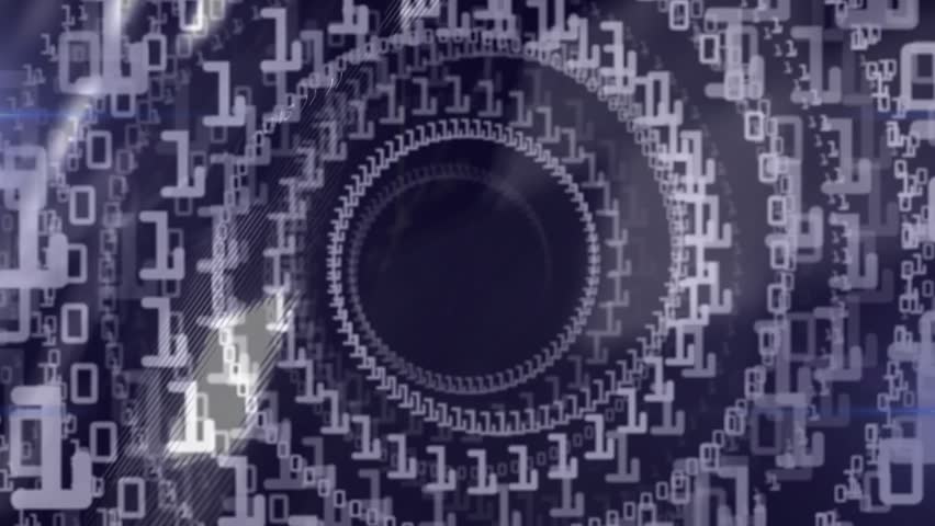 Angled beams sweeping in, starting core turning, pulsing, glyphs flowing out, showing data flow. Aperture, tunnel, rings, teeth, abstract, binary, interface