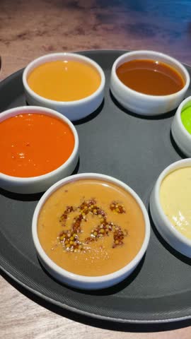 assorted dipping sauces in bowls on round tray, creamy avocado green, fiery orange, rich brown and mustard yellow, closeup restaurant table view, chef tasting Video taken on mobile device.