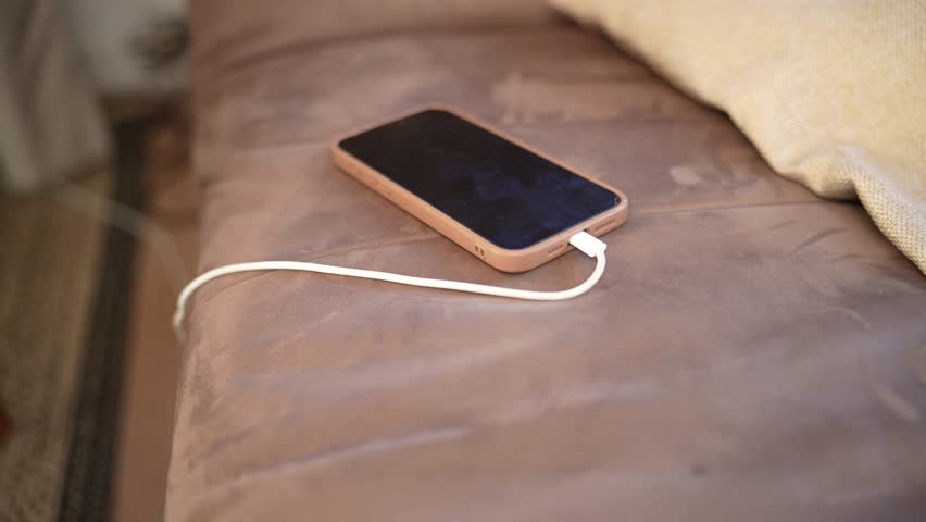 Modern mobile phone with a dead battery is charging on a brown couch in a cozy living room