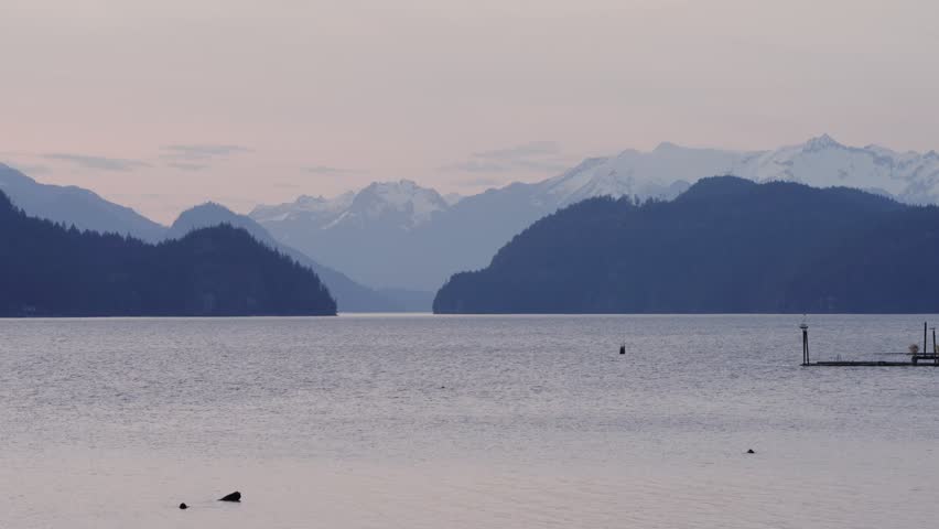 Harrison Lake with snow capped mountains at sunset in British Columbia, Canada