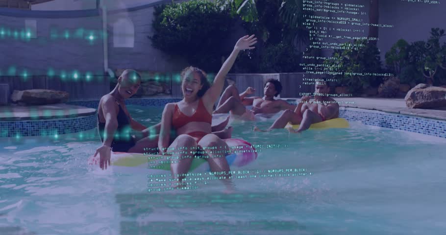 Friends on rings noticing camera and splashing water as tech code overlay drifting across pool. Leisure, relaxation, summertime, outdoor, joy, vibrant, social