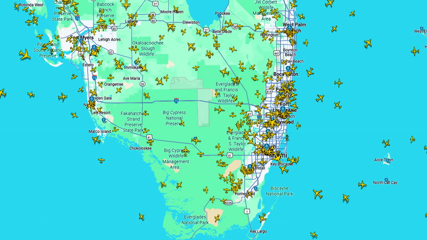 Time lapse of air traffic over Florida peninsula, Aviation activity visualization showing dense flight movement across coastal airspace