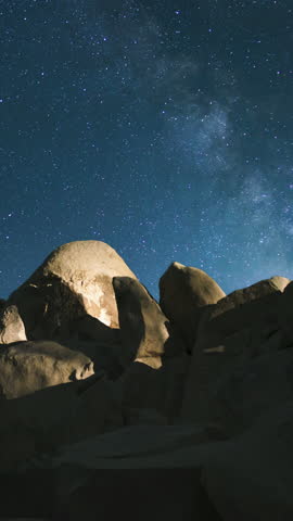 Vertical Shot of Joshua Tree National Park Milky Way Galaxy Over Tree Silhouette Rock Formation Astrophotography Time Lapse California USA