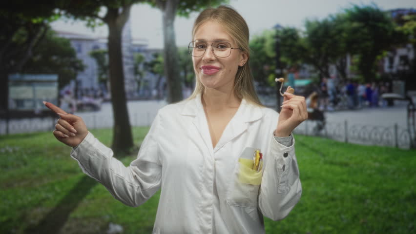 Woman in white coat holding a hearing earpiece and pointing finger on street while smiling, glasses and pen visible in pocket; accessibility confidence.