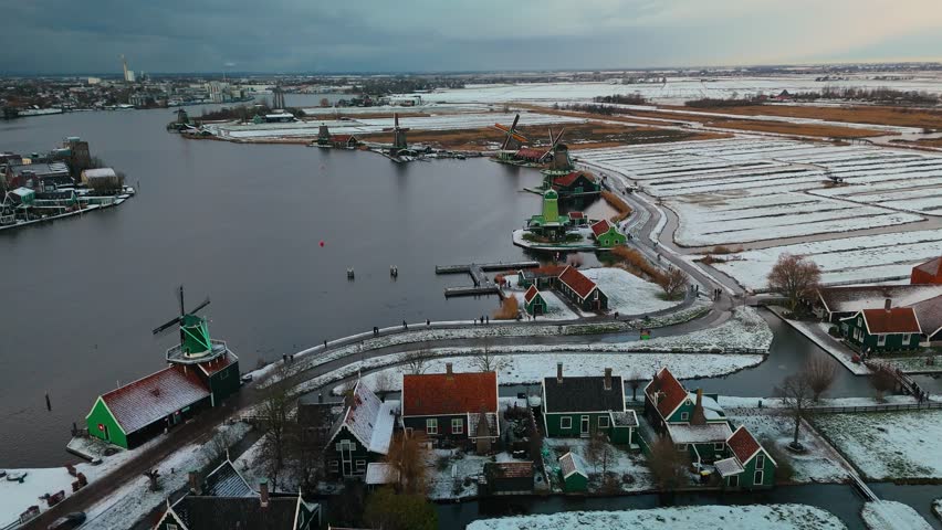 Zaanse Schans Windmills and Traditional Dutch Village Landscape during Winter