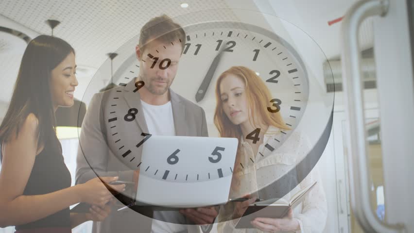 Man presenting laptop and initiating review in business, clock overlay marking time then agreeing. Collaboration, teamwork, discussion, timing, office, openplan, professional