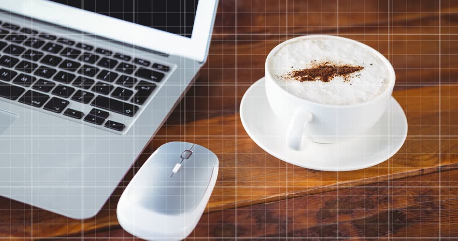 Red ribbon line entering upper-left, thickening, zigzagging across laptop toward cup showing trends. Coffee, grid, graph, chart, desk, cafe, workspace
