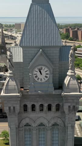 Vertical aerial drone footage capturing Erie County Hall in Buffalo New York from above. Daytime visuals highlight the historic government building and surrounding urban environment making it suitable