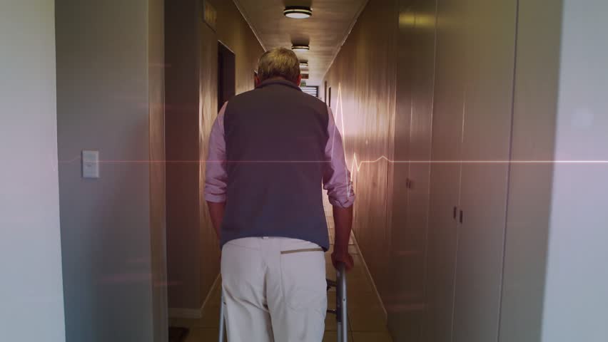 Senior man shifting and pushing walker down hall to bright exit, health ECG over midline pulsing. Elderly, rollator, mobility, corridor, gait, lighting, resilience