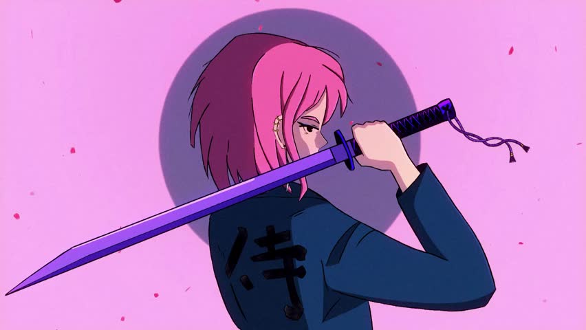 Anime girl with a katana 2d animation japanese lofi hip-hop.