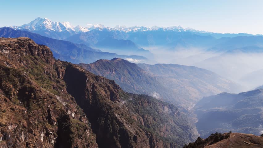 Aerial view from Kalinchowk in Nepal shows Himalayan peaks including Annapurna Manaslu Ganesh Himal Langtang Dorjee Lakpa Gauri Shanker and other mountains