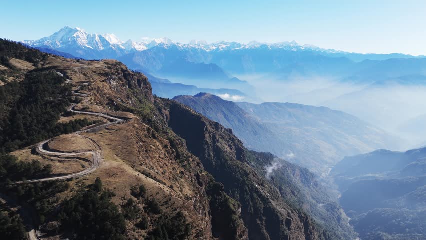 Aerial video of Kalinchowk captures mountain scenery with villages and traditional settlements. The view reflects rural life, elevation, and the natural beauty of Nepal’s hill region.