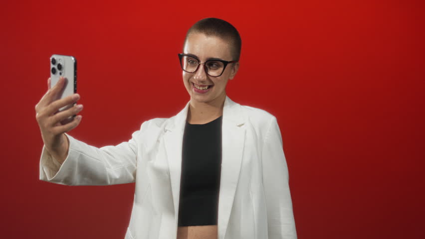 Woman with short hair and glasses holds smartphone and points finger to self in a studio against a red backdrop; self expression playful.