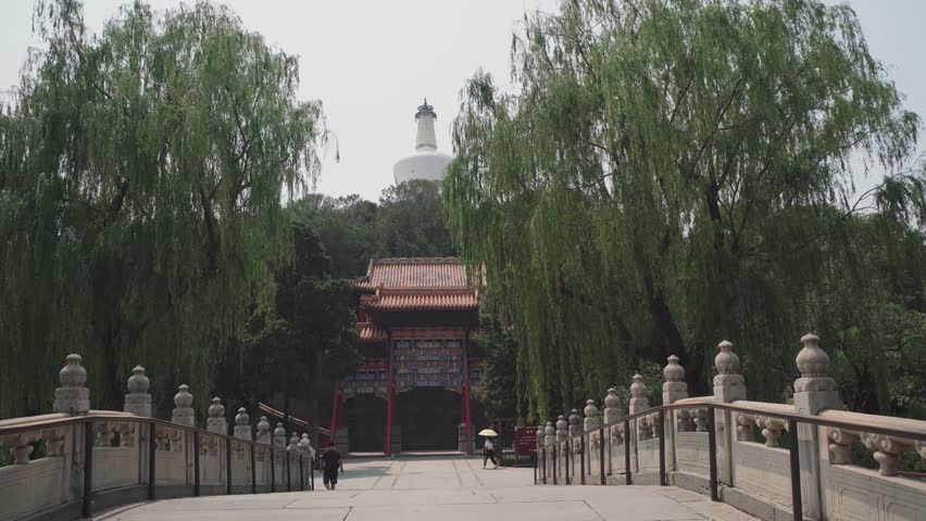 View of the white tower in Beihai Park in Beijing, China.