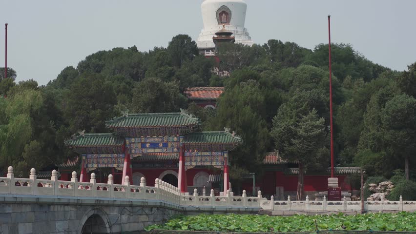 View of the white tower in Beihai Park in Beijing, China.
