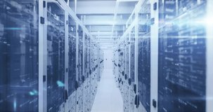 Data center corridor showing glowing server racks and floating code overlay in flat design. Technology, cybersecurity, digital, network, infrastructure, data, server - Powered by Shutterstock - Get 15% off with code: PIKWIZARD15