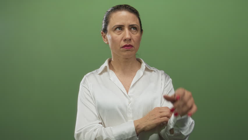 Blonde woman in white shirt looking upward with finger pointing upward and focused gaze in green studio; curiosity inspiration idea creativity.