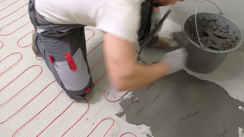 Construction worker preparing tile surface, mixing mortar substrate for flooring, underfloor heating mat. Workman combines adhesive in renovation setting. Operating power tool during bathroom upgrade