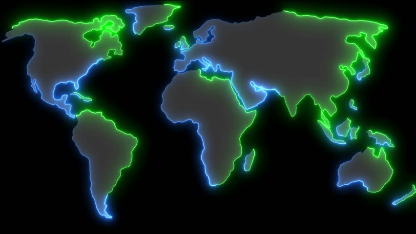 Neon glowing Blu world map icon animation in black background.
