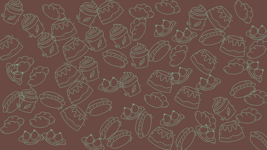 Food doodle handdrawn sketched desserts fruits and hot dogs on a fun brown background. Suitable for foodthemed designs and marketing material.