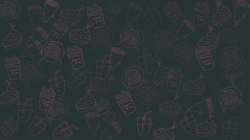 Food doodle pattern featuring pink fast food items on a gray background. Suitable for menu designs, packaging, and foodrelated content.
