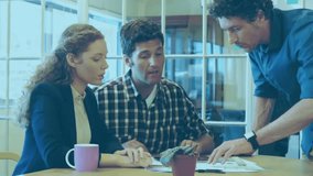 Animation of data processing over diverse colleagues talking in office. Business and digital interface concept digitally generated video. - Powered by Shutterstock - Get 15% off with code: PIKWIZARD15