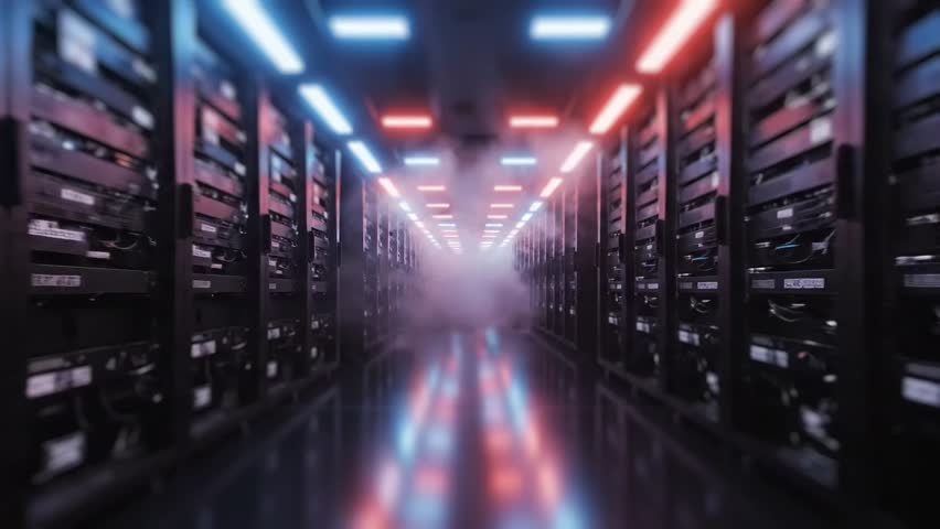 An atmospheric cinematic shot inside a modern data center, where rows of server racks stretch deep into space, illuminated by cool and warm neon lights. A light mist enhances the sense of depth and continuous operation of digital systems. The video symbolizes computing power, data storage, and high technology that form the backbone of artificial intelligence and cloud services.