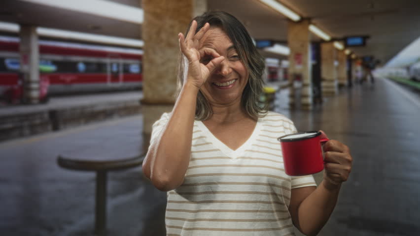 Woman holds red coffee cup and makes ok sign over eye on train station platform, smiling and squinting; joy morning routine.