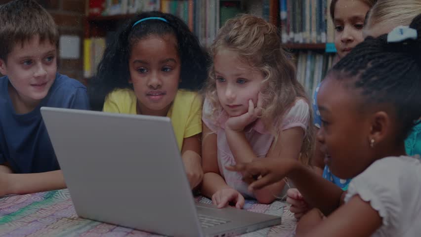Kids tapping keys, laptop animating overlays, projecting charts and code onto faces for education. Library, collaboration, learning, teamwork, technology, digital, graphics