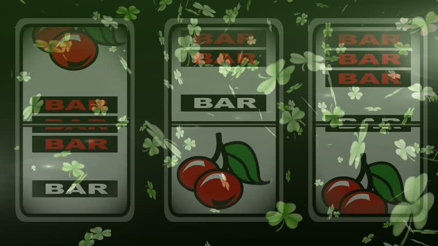 Three reels spinning on loop, shifting cherries, BARs and pigs showing outcomes with clover overlay. Slot, gambling, fortune, chance, animation, graphic, digital