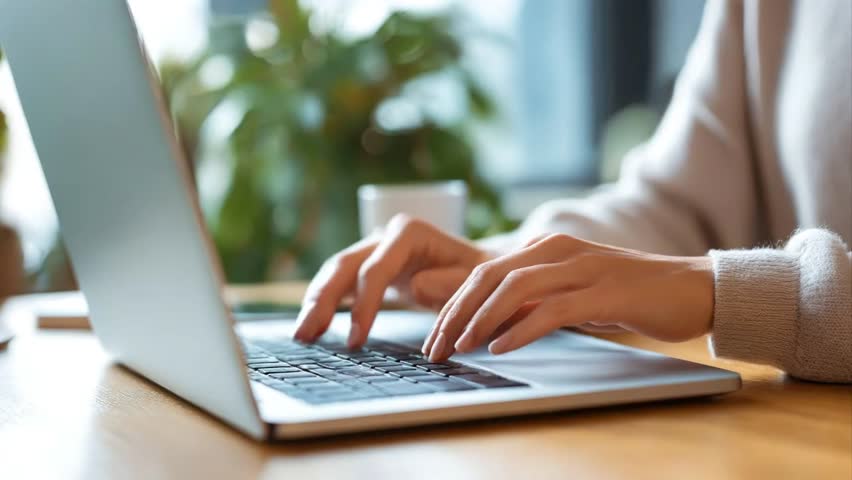 Woman hands typing on laptop keyboard. Close-up female person working on computer. Student girl study remotely for online education, learning and business. Freelance job.