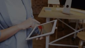 Animation of financial data processing over caucasian businesswoman working in office. Global business, finance, computing and data processing concept digitally generated video. - Powered by Shutterstock - Get 15% off with code: PIKWIZARD15