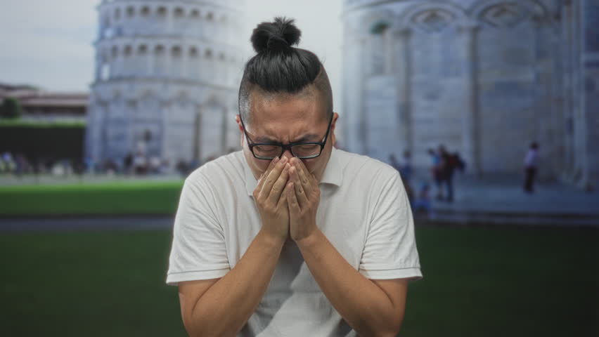 Man clasping hands and coughing while standing in front of the leaning tower at pisa building outdoors; travel unease tourism.