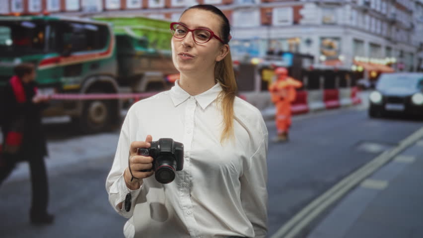 Woman with dslr camera holds camera to eye, squinting while shooting on a busy city street; confidence curiosity.