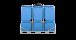IBC tank, intermediate bulk container in metal cage on pallet rotation animation seamlessly loopable. 3D rendering isolated on transparent background - Powered by Shutterstock - Get 15% off with code: PIKWIZARD15